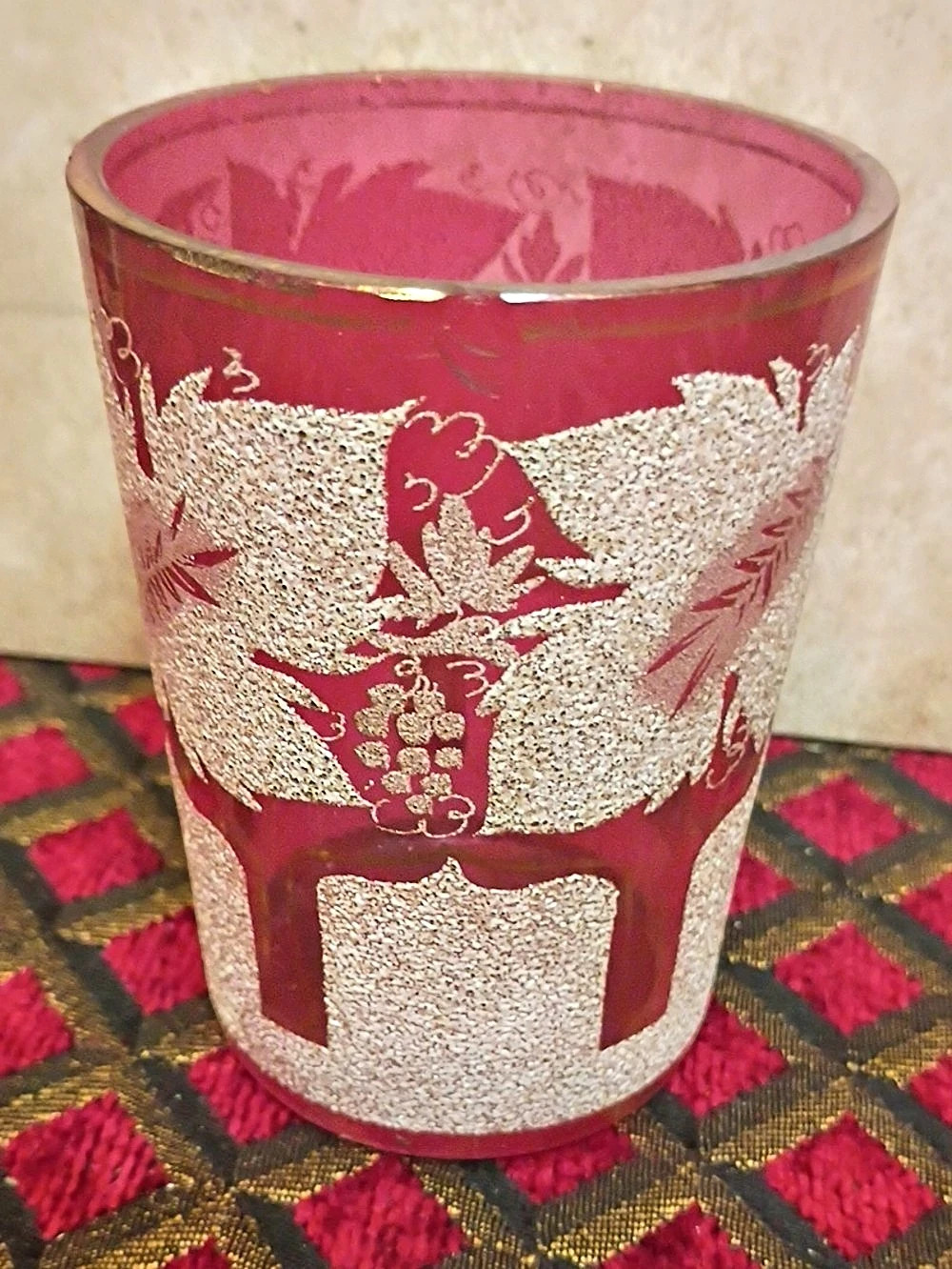 Holiday Vintage Red & Gold Floral Decorative Candle Holder/Vase.